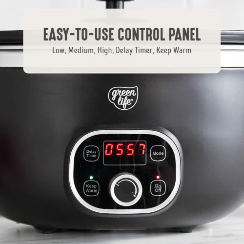 Image of GreenLife 6QT Slow Cooker, Non-Toxic PFAS-Free Ceramic Nonstick Removable Interior Bowl, Programmable, Family Friendly, Keep Warm, Stovetop & Oven Safe, Dishwasher Safe Crock, Timer, Glass Lid, Black