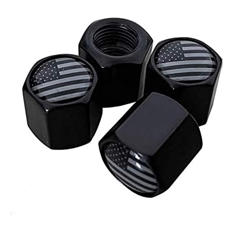 TACTILIAN American Flag Tire Valve Stem Caps 4 Pack | Black Subdued Aluminum with Rubber O-Ring Air Leakproof Valve Caps Cover fits Cars, Trucks, Bikes, Motorcycles, Bicycles Tire Caps Cover
