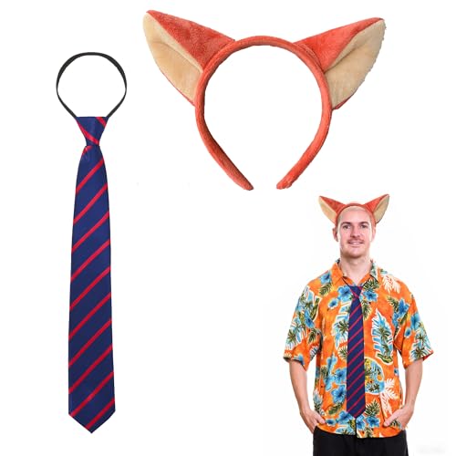 Fox Ears Headband and Navy Blue and Red Striped Tie Costume Accessory Set Animal Ears Hairband for Adult Women Halloween Cosplay