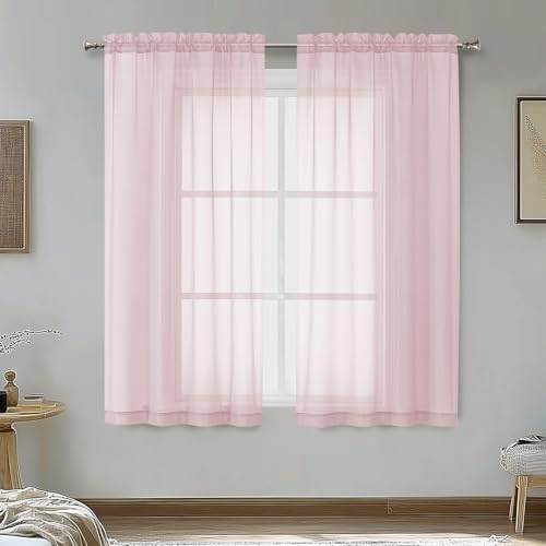 Image of Blush Pink Sheer Curtains 45 Inches Long 2 Panels - Soft Light Filtering Window Sheer Panels for Living Room /Bedroom, Top Dual Rod Pocket, 1 Pair, Each 42Wx45L Inches