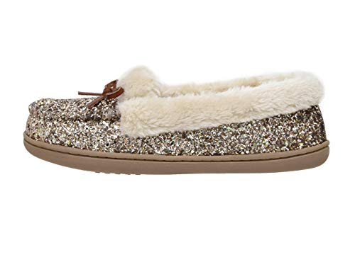 Cushionaire Women's Sierra Moccasin Slipper +Memory Foam, Gold Glitter 8.5 #TOP1