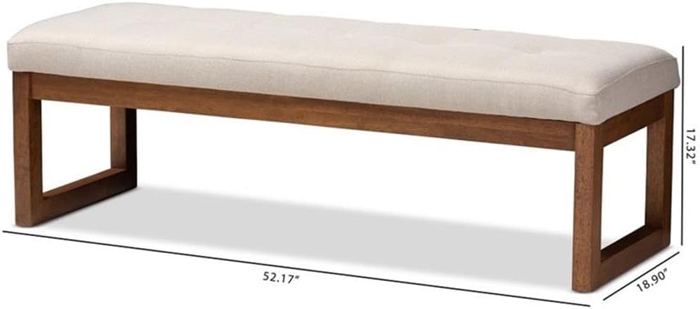 BOWERY HILL Tufted Living Room Bench, Light Beige Upholstered Seat, Walnut Brown Rubberwood Frame, Button-Tufted Design, 52.17 in Wide, Modern Style Entryway or Mudroom Seating