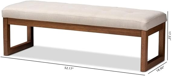 BOWERY HILL Tufted Living Room Bench, Light Beige Upholstered Seat, Walnut Brown Rubberwood Frame, Button-Tufted Design, 52.17 in Wide, Modern Style Entryway or Mudroom Seating