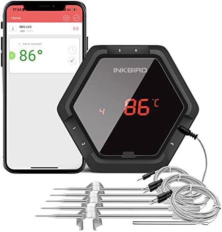 Inkbird IBT-6XS 150ft Bluetooth Wireless BBQ Thermometer with 1000mAh Li-Battery and USB Charging Timer and Alarm for Digital Cooking Oven BBQ Grill Meat Thermometer (Black)