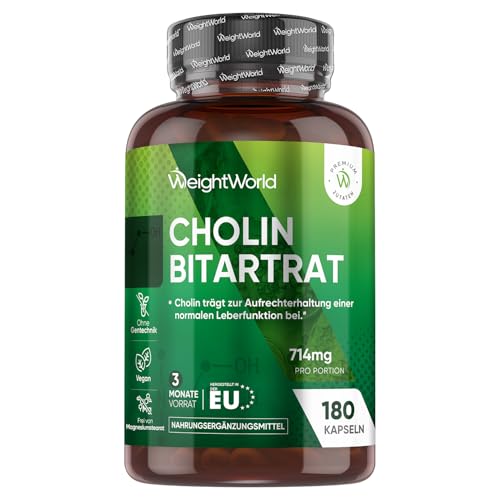 Cholin Bitartrat Kapseln - 714mg pro Portion - Cholin trägt zur Aufrechterhaltung einer normalen Leberfunktion bei (EFSA) - Für 3 Monate Vorrat - Täglich 2 Kapseln - 180 Stück - von WeightWorld