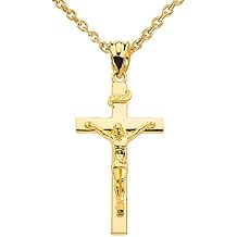 10K Gold Catholic Linear Cross INRI Crucifix Pendant Necklace - Choice of Chain Lengths
