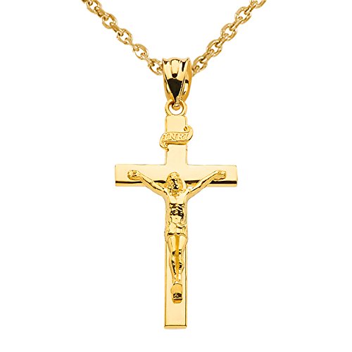 14K Yellow Gold Linear Cross 1.15" INRI Crucifix Charm Pendant Necklace Religious Jewelry - 20"