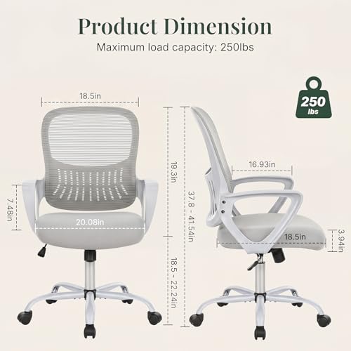 Image of Home Office Desk Chair, Ergonomic Mid-Back Mesh Computer Task Chair with Comfortable Lumbar Support, Height Adjustable Swivel with Fixed Armrest for Adults, Student, Grey
