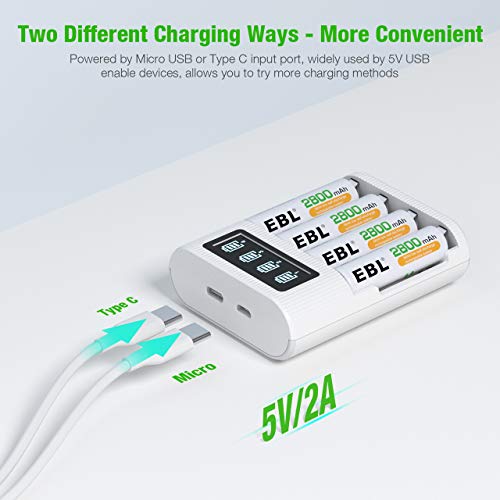 EBL Pack of 8 AA Batteries 2800mAh High Capacity Precharged Ni-MH AA Rechargeable Batteries with 4 Bay AA AAA Battery Charger