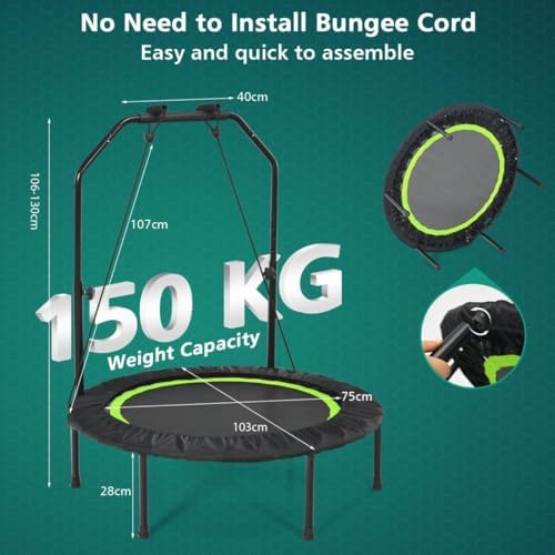 SPOTRAVEL 40" Mini Trampoline, Foldable Fitness Bouncer with 2 Resistance Bands & 4-Level Adjustable Foam Handle, Indoor Outdoor Exercise Rebounder for Kids Adults