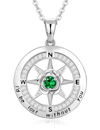 Meeshi Silver Compass Necklace for Women Birthday Gifts for Wife Anniversary Necklace for Women Rose Flower Birthstone Necklaces for Wife Jewelry for Womens Girlfriend Mom Daughter