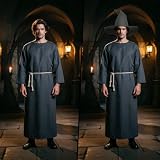 BSBUY Średniowieczny kostium czarodzieja, średniowieczny renesansowy szlafrok, kostium cosplay szata dorosły płaszcz z paskiem i kapeluszem, sukienka czarodzieja dla dorosłych na Halloween karnawał