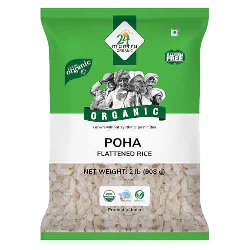 24 Mantra Organic White Poha 2 lb – Beaten Rice | Source of Carbohydrates, Protein, Iron & Vitamin B | Rich in Omega 3 & Omega 6 | Low GI & Gluten Free | USDA Certified Organic