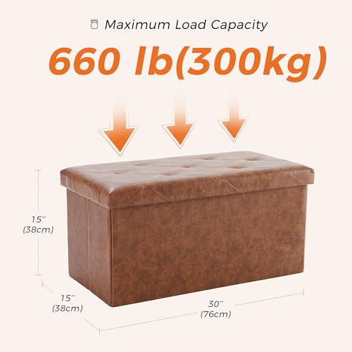 DUMOS 30インチ 折りたたみ式収納オットマンベンチ - 合成皮革フットレストスツール 収納チェスト付き リビングルーム&ベッドルーム用 耐荷重660ポンド モダンブラウン [3]