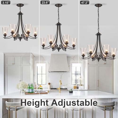 Image of 6-Lights Modern Chandeliers Black with Seed Glass Lampshade Dinging Room Light Adjustable Height 47.2 Ceiling Hanging Lights for Kitchen Island Living Room Dinging Table