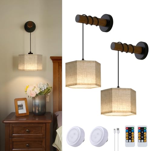 Image of XSDeTu Battery Operated Wall Sconces Set of 2, Modern Rechargeable Wall Mounted Lamps with Remote Control, Adjustable 3 Colors Dimmable Wall Lights for Bedroom, Wooden Arm, Hexagonal Fabric Shade