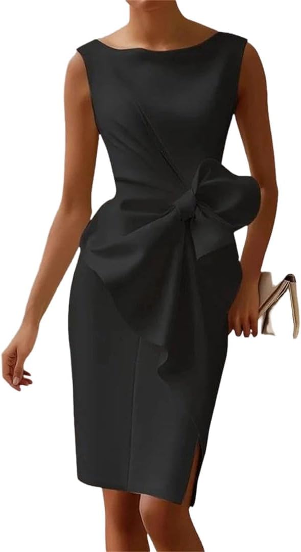 Womens O Neck Bow Patchwork Solid Office Knee Length Dress