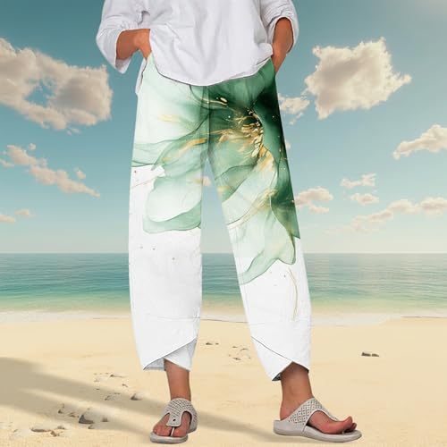 Image of DMOYALA Linen Pants for Women Summer Casual Wide Leg Capri Pants Loose Fit Palazzo Pants Cropped Beach Pants with Pockets