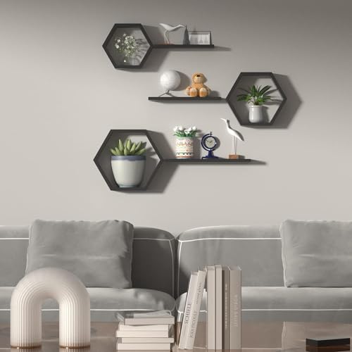 Image of Kassar Hexagon Wall Shelves Set, Black, Floating Display Shelves, Modern Geometric Design, Home Decor (Black)
