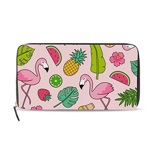 Portefeuille long cuir femme grand format à fermeture zippée motif flamant