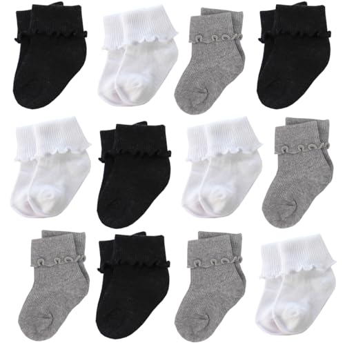 Image of Xiyadun 6 &12 Pairs Infant Toddler Baby Kids Turn Cuff Ruffle Cotton Socks