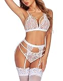 Avidlove Dessous Reizwäsche Strapsen Damen Dessous-Sets Unterwäsche V-Ausschnitt BH und Slip Nachtwäsche Spitze Lingerie Strumpfband Babydoll 3tlg Weiß XL