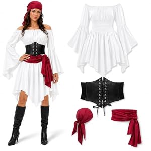 Piratenkostüm Damen - 4PC Piraten Kleid Mit Korsett, Kopftuch, Taillenschal Piratin Kostüm Mittelalter Piratenkleid Pirate Accessories Halloween Kostüme Partykleid Mode Cosplay Festival Outfit