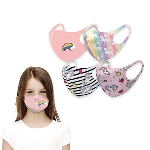 Girl's Fashion Unicorn Themed Protective Face Covering Gear Super Light Breathable Selection (Pack of 4 KM 63, 64, 65, 61)