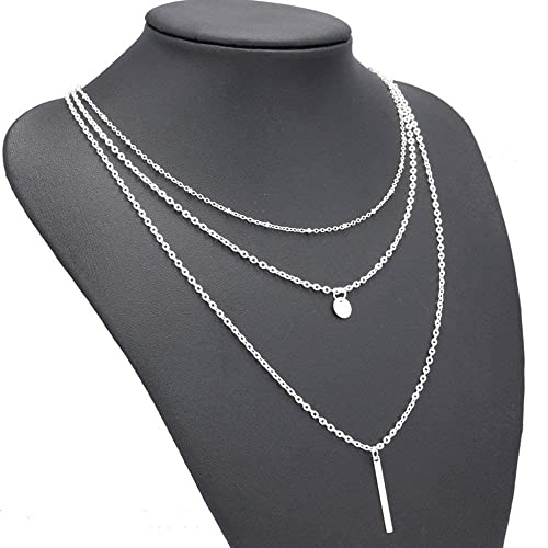 Fxmimior Multilayer Necklace 3 Tier Pendant Long Chain Women Accessories(Silver) #TOP3