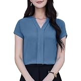 [Hotouch] ブラウス レディース 半袖 Vネック シフォン トップス シャツ 夏 薄手 通気性 無地 シンプル 体型カバー 着痩せ 柔らかい ゆったり おしゃれ UV防止 通勤 デート オフィス カジュアル フォーマル ビジネス スーツ インナー