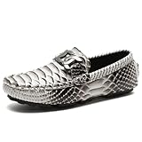 Men's Snake Skin Leather Slip-On Loafers Round Toe Soft Sole Non-Slip Breathable Comfortable Casual Fashion Metal Buckle Driving Daily Wear Walking Office Party (White,11)