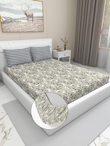 Image of Blue Strip 300 TC Cotton Feel Glace Cotton Elastic Fitted Printed King Size Double Bed Bedsheet with 2 Pillow Covers Fits Upto 9 Inches, Size 72x78x10 Inches