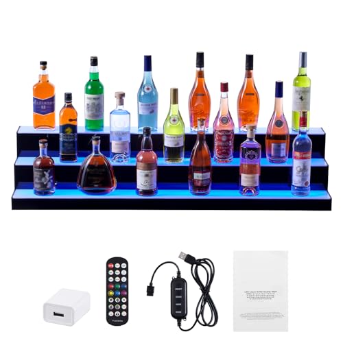 Happybuy LED Lighted Liquor Bottle Display,3 Tiers 48 Inch Commercial Illuminated Home Bar Shelf,3 Steps Whiskey Rack Stand, Acrylic Drink Shelves with RF Remote & App Control, and Multicolor lighting