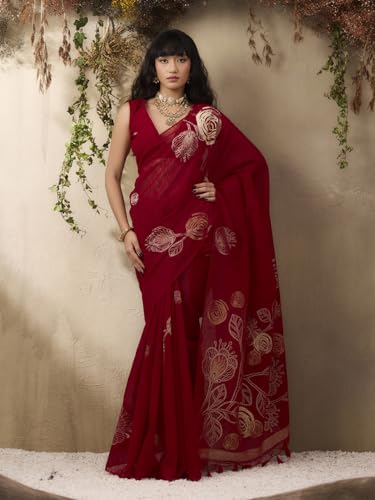 Image of AKHILAM Women's Kanjivaram Pure Silk Floral Printed Saree With Unstitched Blouse Piece