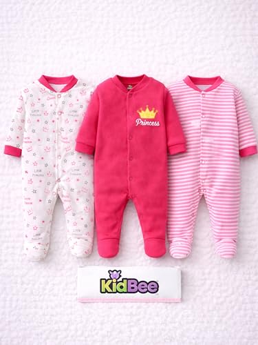 Image of Kidbee Baby Boys & Girls Full Sleeves Cotton Footed Romper Sleepsuit Pack of 3