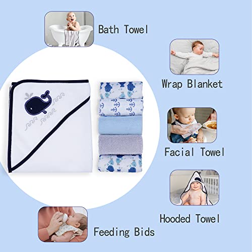 Image of Viviland Baby Towels and Washcloths, Soft Absorbent Baby Boy Bath Towel Set, Whale Hooded Towels with 5 Infant Washcloths (6 Pieces)