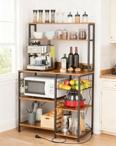 Image of IDEALHOUSE Kitchen Bakers Rack with Power Outlets, 5-Tier Microwave Stand with 2 AC Outlets, USB & Type-C Ports, Coffee Bar Station with 6 S-Hooks and Basket, 35.43 x 15.75 x 60 Rustic Brown