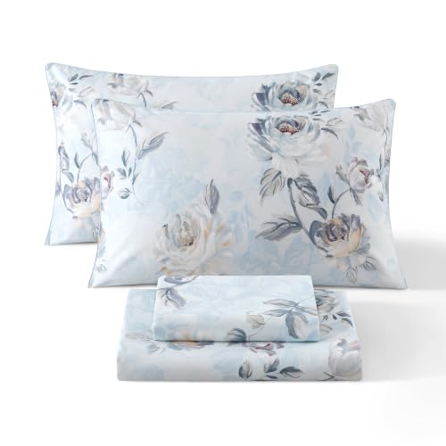 Image of Dusty Blue Vintage Floral Percale Bed Sheets Full Size Deep Pocket | 100% Cotton Shabby Flower Chic Sheet Set, Peony Printed Farmhouse Sheets, Luxury Toile Bedding, Cottagecore, Soft Crisp, 4Pcs