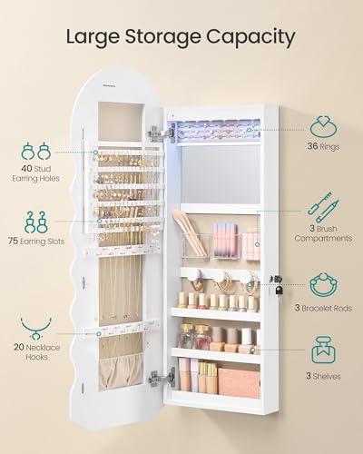 Image of SONGMICS Mirror Jewelry Cabinet Wall Mounted Over the Door, Hanging LED Jewelry Organizer, Lockable Wavy Wide Mirror with Storage, Interior Lights, 3.9 x 16.5 x 42.5 Inches, White UJJC031W01