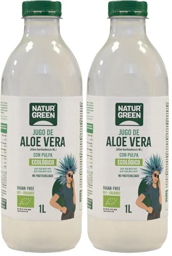 NaturGreen - Jugo de Aloe Vera con Pulpa (99,8%), 1 Litro, No Pasteurizado, con Fibra de Hoja Fresca, Digestivo, Natural y Ecológico, Sin Azúcar (Paquete de 2)