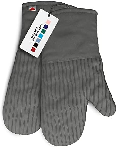 Two grey oven mitts with silicone palms and quilted cotton backs