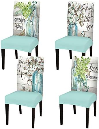 LUKUY Farm Cotton Flowers in Jar Chair Covers for Dining Room Set of 4 Farmhouse Decor Stretch Printed Chair Protectors Covers, Removable and Washable