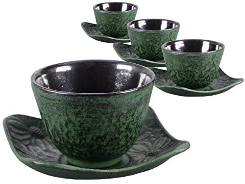 tea4chill Gusseisen Teetasse mit Untertasse Hako dunkelgrün 100ml. Traditionelle asiatische Gusseisen Teebecher im Set mit Untersetzer. Ideal Ergänzung für Gusseisen Teekanne Cover