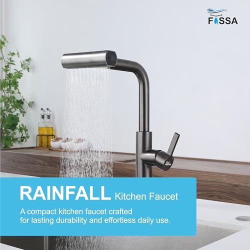Image of Fossa Pull-Out Kitchen Faucet | Stainless Steel Sink Faucet with Single Lever Control | Rainfall & Waterfall Flow Modes | 360 Swivel Spout | Pull-Out Spray for Kitchen Sinks Black (Matte Finish)