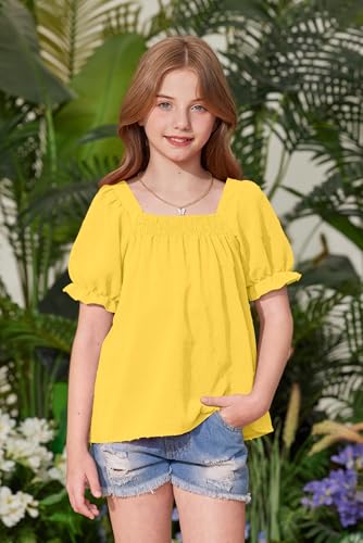 Image of BesserBay Girls Summer Puff Short Sleeve Square Neck Tee Shirts Ruffle Smocked Blouses Cute Swiss Dot Tops 5-14 Years