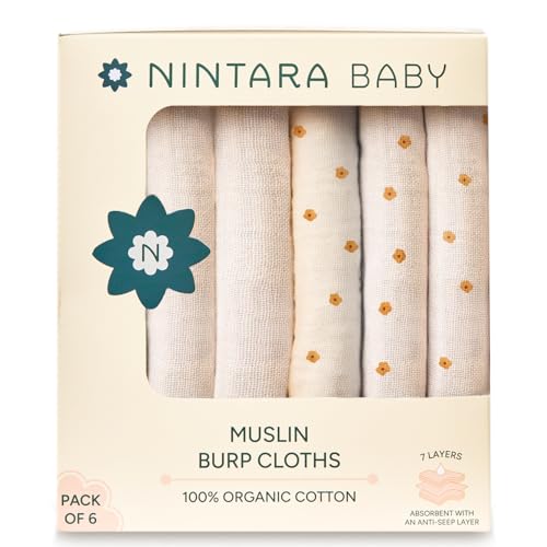 Image of NINTARABABY Burp Cloths - 100% Organic Premium Muslin Cotton, Extra-Large 22" x 12" (55 cm x 30 cm), 7-Layer Absorbent & Waterproof, Reversible, Soft & Hypoallergenic, Gifts for Newborns, Pack of 6