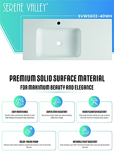 Serene Valley Bathroom Sink, Wall-Mount Or On Countertop, 40" With Square Sink And Flat Space, Single Faucet Hole, Solid Surface Material #TOP3