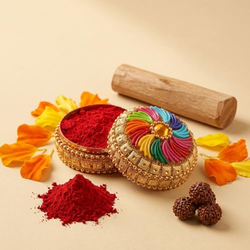 Image of Indian Dark Red Pure Kumkum Powder (Sindoor, Kumkuma, Kum Kum) For Makeup, Pooja And Other Hindu Rituals (Fancy Box 3)