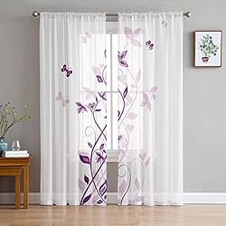 LUOWAN Translúcidas Visillos 2 Paneles 35% Cortinas Opacas Tamaño Total 160x160 CM Blanco Morado Flor Mariposa Cortinas Decorativas Para El Hogar Para Cocina Dormitorio Sala De Estar Ventana Dormitori