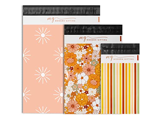 Modern Gifting Eco Friendly Sustainable Poly Mailers, Multiple Sizes Variety 75 Pack (25 EA: 6x9, 9x12, 12x15) Different Assorted Size Shipping Bags, Retro Vintage Fall Holiday Envelopes (Groovy Boho)
